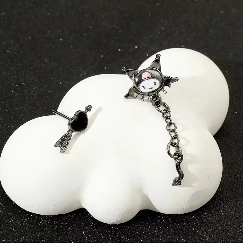 925 Sterling Silver Plated Kuromi Bat Wings Arrow & Heart Mismatch Stud Earrings